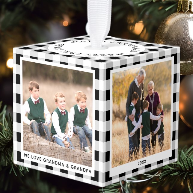 Personalized Plaid 4 Photo Christmas Grandparents Cube Ornament (Personalized Black White Plaid Christmas 4 Photo Cube Ornament for Grandparents)