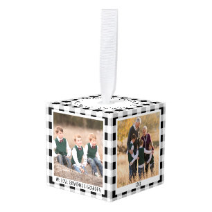 Personalized Plaid 4 Photo Christmas Grandparents Cube Ornament