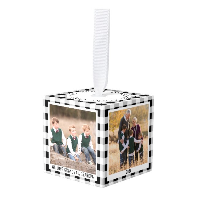 Personalized Plaid 4 Photo Christmas Grandparents Cube Ornament (Front Angled)