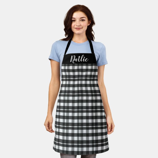 Personalized Plaid Aprons, Black and White Name Apron (Worn)