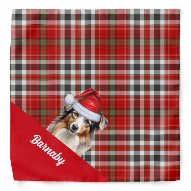 Personalized Plaid Australian Shepherd Christmas Bandana (Front)
