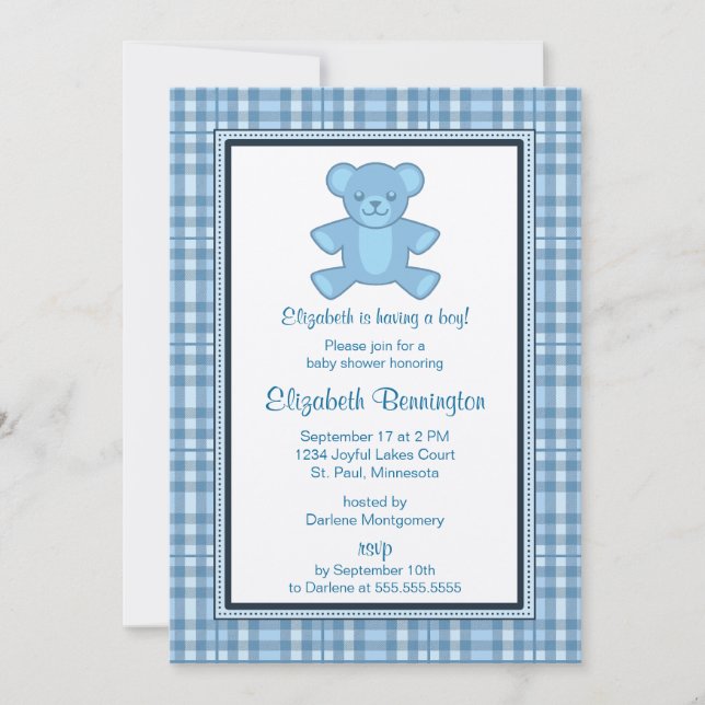 Personalized Plaid Bear Boy Baby Shower Invites (Front)