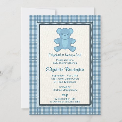 Personalized Plaid Bear Boy Baby Shower Invites