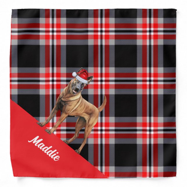 Personalized Plaid Belgian Malinois Dog Christmas Bandana (Front)