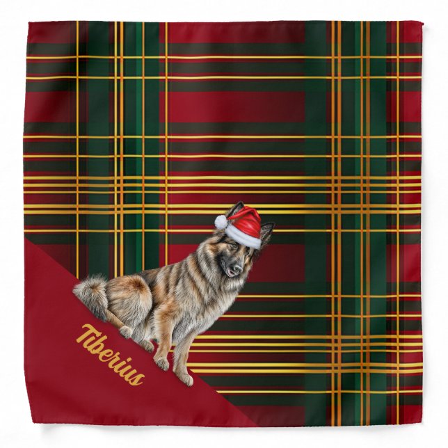 Personalized Plaid Belgian Tervuren Dog Christmas Bandana (Front)