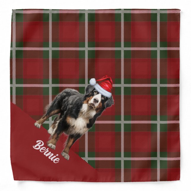Personalized Plaid Bernese Mountain Dog Christmas Bandana (Front)