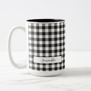 Personalized Plaid Black White Rustic Gingham Mom Two-Tone Coffee Mug
