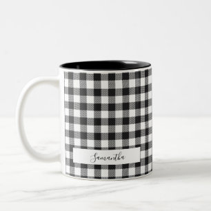 Personalized Plaid Black White Rustic Gingham Mom Two-Tone Coffee Mug