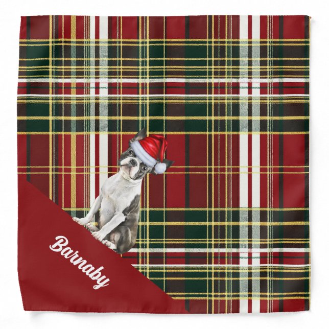 Personalized Plaid Boston Terrier Dog Christmas Bandana (Front)