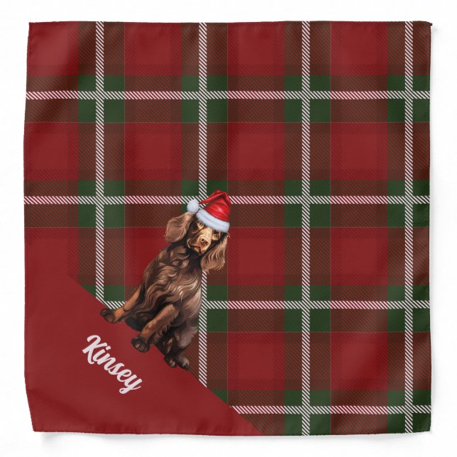 Personalized Plaid Boykin Spaniel Dog Christmas Bandana (Front)