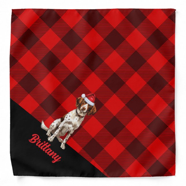 Personalized Plaid Brittany Spaniel Dog Christmas Bandana (Front)