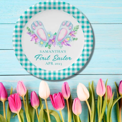 Personalized Plaid Bunny Feet My First Easter Paper Plates