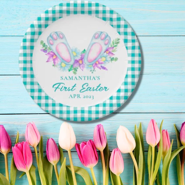 Personalized Plaid Bunny Feet My First Easter Paper Plates (Creator Uploaded)