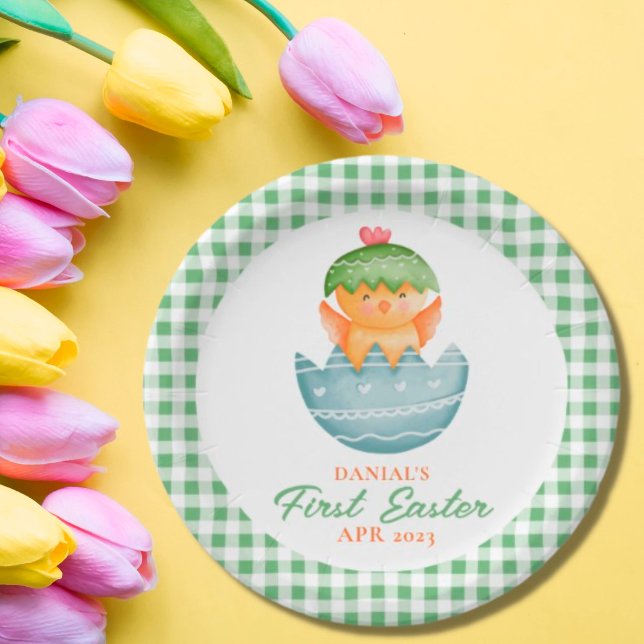 Personalized Plaid Chick Egg My First Easter Paper Plates (Creator Uploaded)