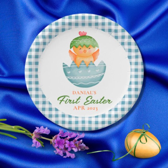 Personalized Plaid Chick Egg My First Easter Paper Plates (Creator Uploaded)