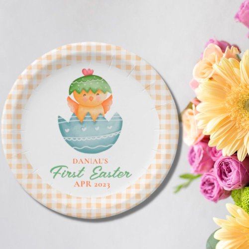 Personalized Plaid Chick Egg My First Easter Paper Plates