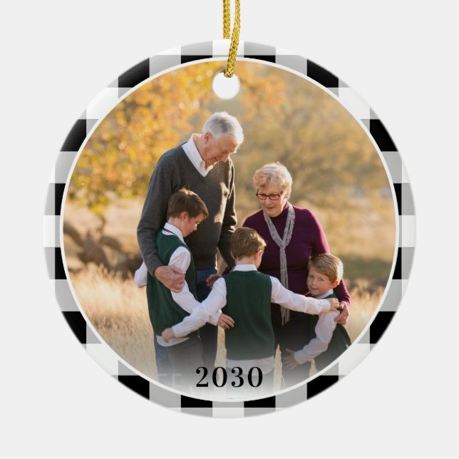 Personalized Plaid Christmas Photo Grandparents Ceramic Ornament (Front)