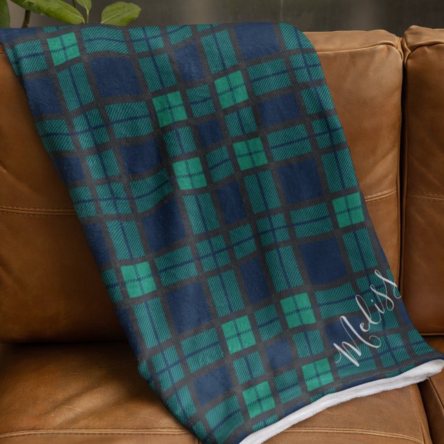 Personalized Plaid Clan Black Watch Tartan Fleece Blanket (Rustic Plaid Blackwatch Tartan Monogram Fleece Blanket)