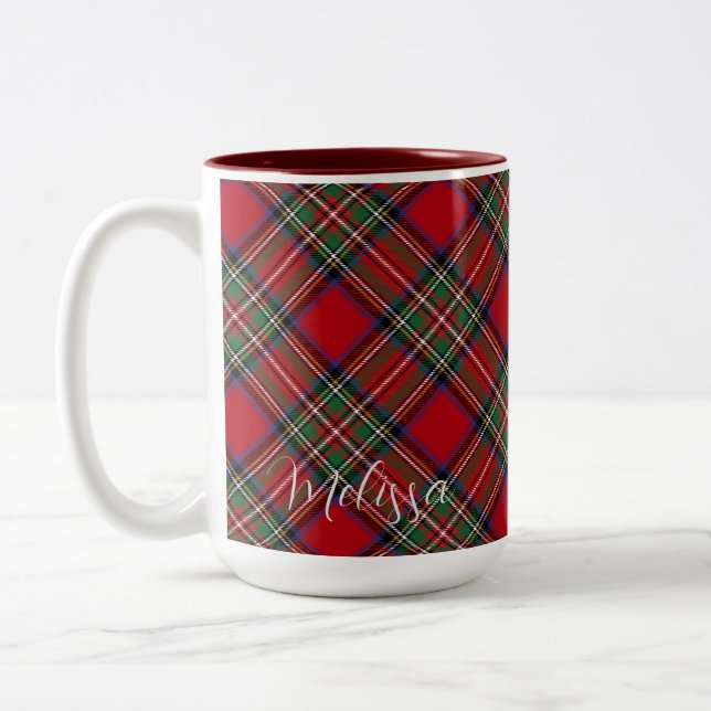 Personalized Plaid Clan Stewart Red Green Tartan Two-Tone Coffee Mug (Left)