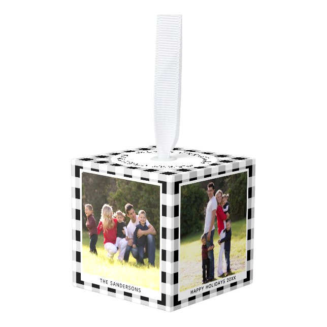 Personalized Plaid Family 4 Photo Christmas Cube Ornament (Front Angled)