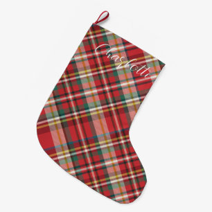 Personalized Plaid Farmhouse Script Red Custom Large Christmas Stocking