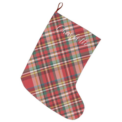 Personalized Plaid Farmhouse Script Red Custom Large Christmas Stocking