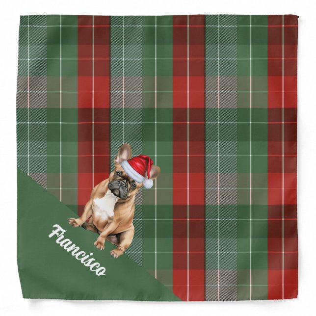 Personalized Plaid French Bulldog Santa Christmas Bandana (Front)