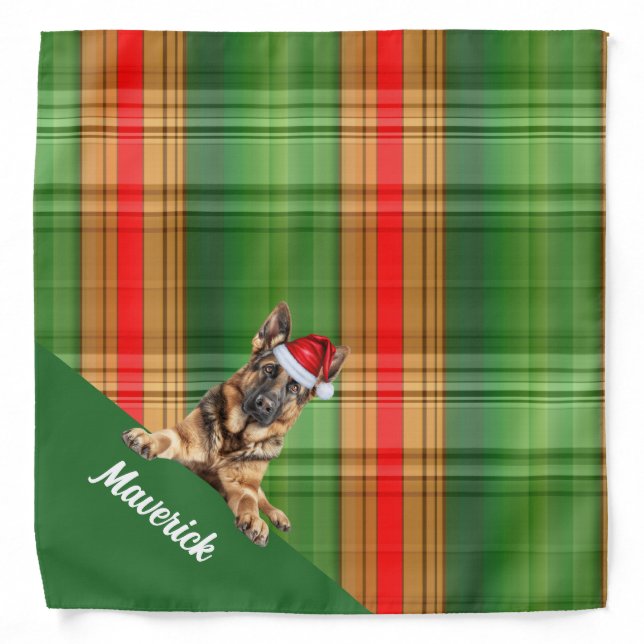 Personalized Plaid German Shepherd Santa Christmas Bandana (Front)