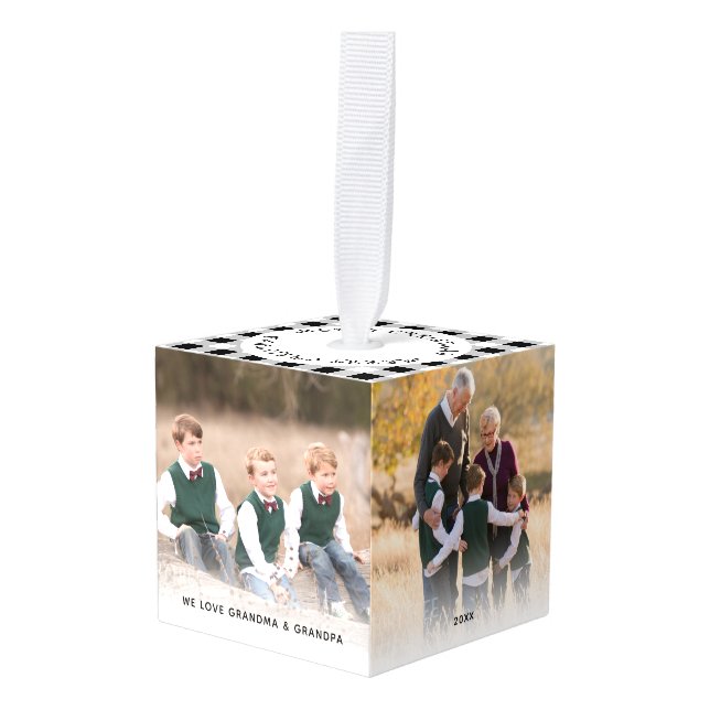 Personalized Plaid Grandparents Christmas Photo Cube Ornament (Front Angled)