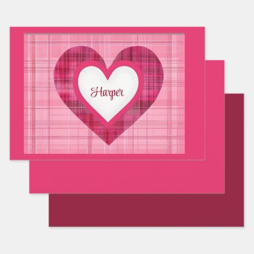 Personalized Plaid Heart Valentines Day Matched Wrapping Paper Sheets