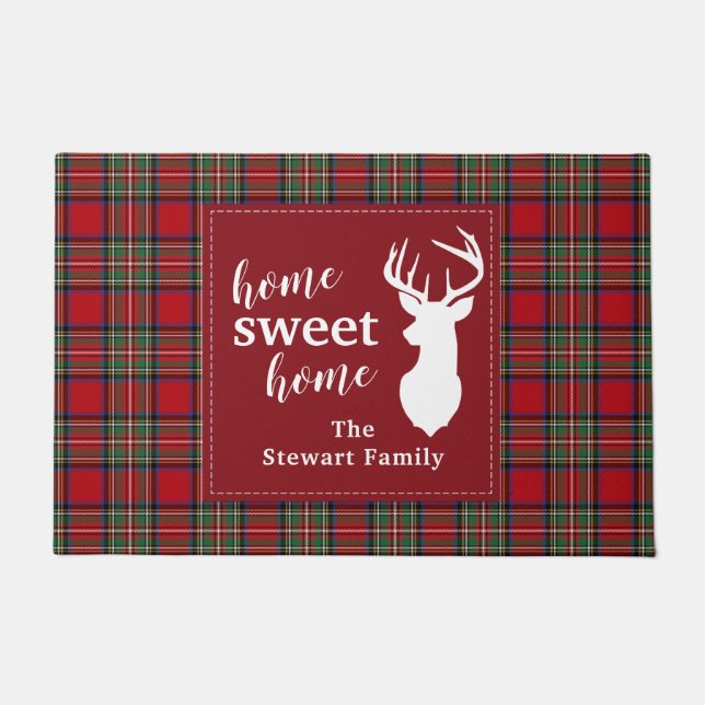 Personalized Plaid Holiday Tartan Red Clan Stewart Doormat (Front)