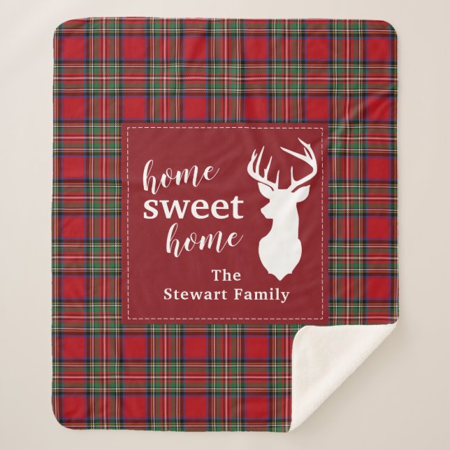 Personalized Plaid Holiday Tartan Red Clan Stewart Sherpa Blanket (Front)