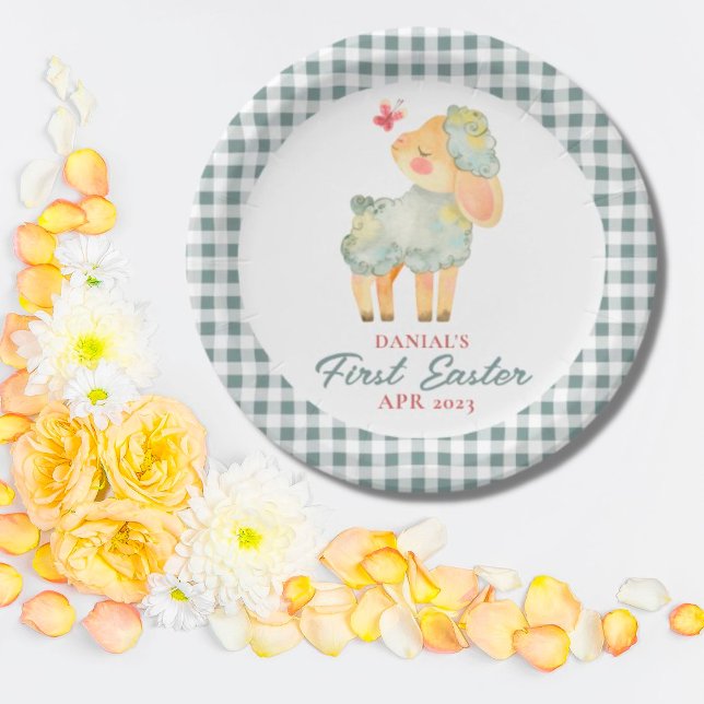 Personalized Plaid Little Lamb My First Easter Paper Plates (Creator Uploaded)