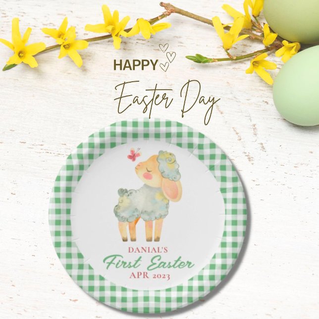 Personalized Plaid Little Lamb My First Easter Paper Plates (Creator Uploaded)
