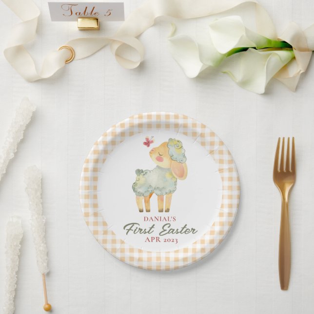 Personalized Plaid Little Lamb My First Easter  Paper Plates (Wedding)