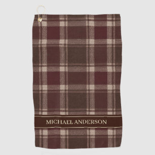 Personalized Plaid Name Golf Towel Burgundy Brown