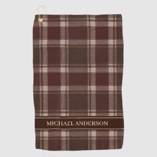 Personalized Plaid Name Golf Towel Burgundy Brown