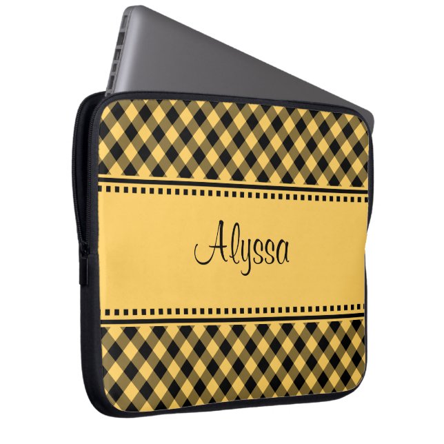 Personalized Plaid Neoprene Laptop Sleeve Yel/Bl (Front Right)