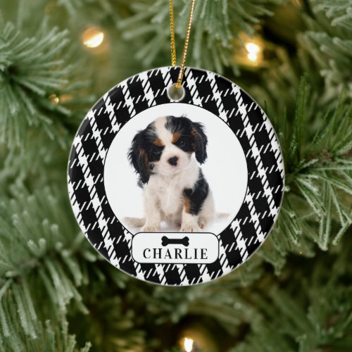 Personalized Plaid Pattern Dog Holiday Photo Pet C Ceramic Ornament