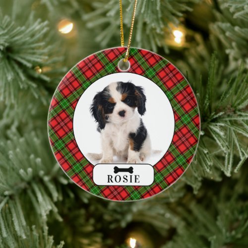 Personalized Plaid Pattern Dog Holiday Photo Pet Ceramic Ornament