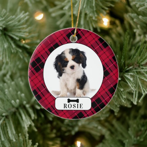 Personalized Plaid Pattern Dog Holiday Photo Pet Ceramic Ornament