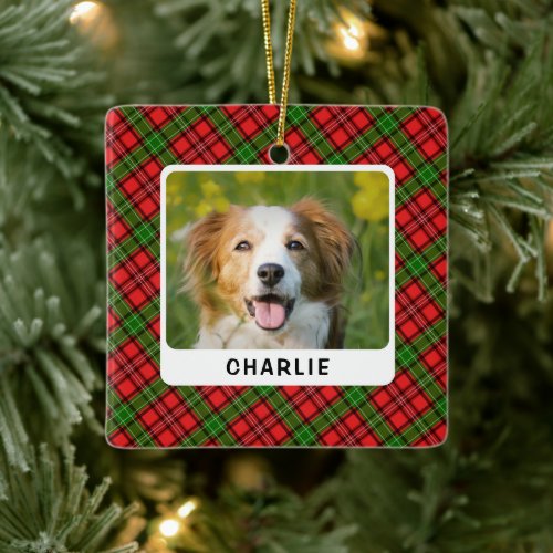 Personalized Plaid Pattern Dog Holiday Photo Pet  Ceramic Ornament