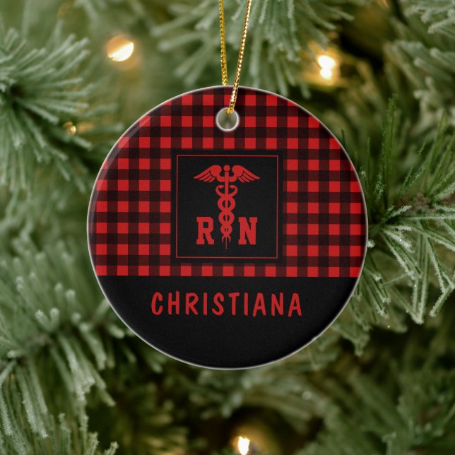 Personalized Plaid Pattern RN Registered Nurse Ceramic Ornament (Tree)