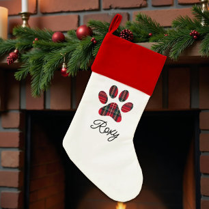 Personalized Plaid Paw Print Holiday Dog Christmas Stocking