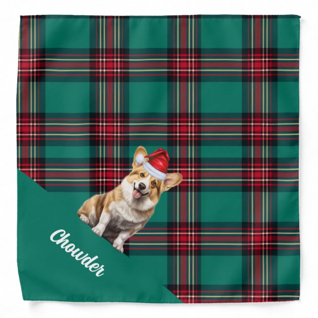 Personalized Plaid Pembroke Welsh Corgi Christmas Bandana (Front)