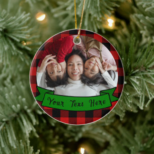 Personalized Plaid Photo text family Christmas Ceramic Ornament