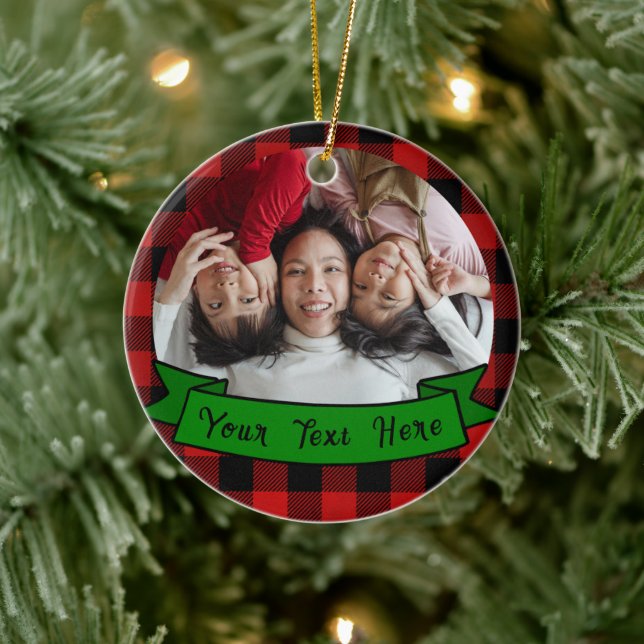 Personalized Plaid Photo text family Christmas  Ceramic Ornament (Tree)