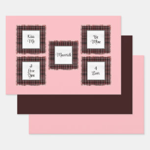 Personalized Plaid Pink Brown Matched Valentine's Wrapping Paper Sheets