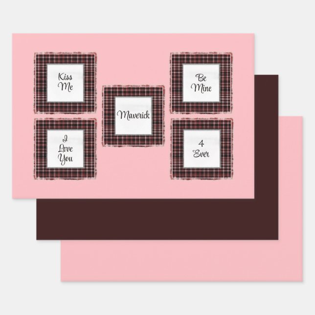 Personalized Plaid Pink Brown Matched Valentine's Wrapping Paper Sheets (Set)