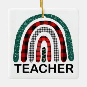 Personalized Plaid Rainbow Teacher Christmas Gift  Ceramic Ornament